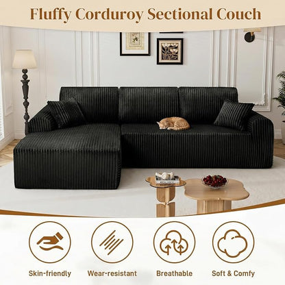 110" L Shaped Boneless Sectional Couches for Living Room, Comfy Corduroy Floor Cloud Sofa with Chaise, Wide Armrest, Deep Seat, Memory Foam, Assembly Free, Ideal for Small Spaces, Black