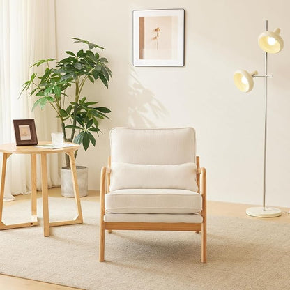 Bonnlo Coarse Beige Accent Chairs Set of 2, Upholstered Mid Century Modern Lounge Fabric Chairs Reading Chairs Side Sitting Chair Solid Wood Farmhouse Armchairs for Living Room, Bedroom, Guest Room
