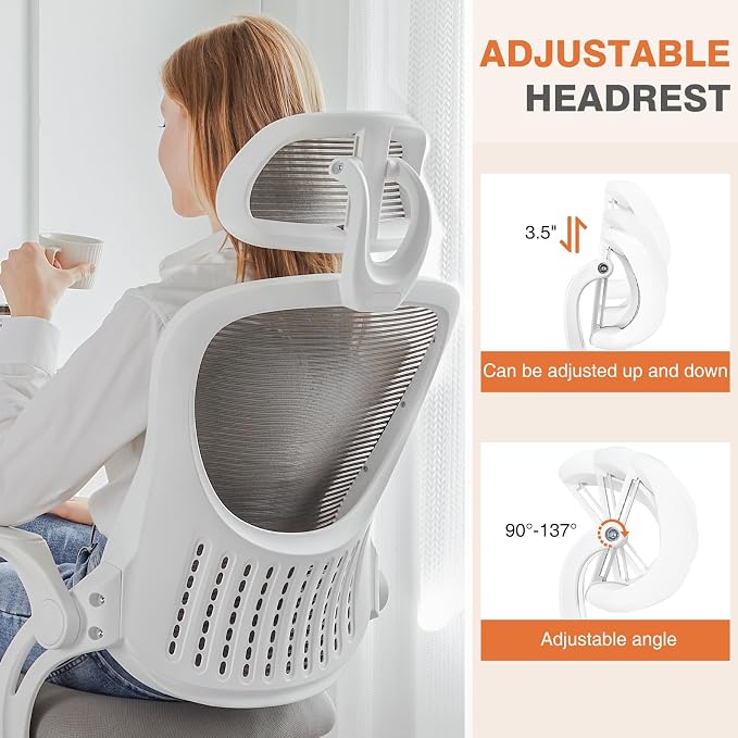 Sweetcrispy Home Office Desk Chair, Ergonomic High-Back Mesh Rolling Work Computer Chairs with Wheels and Adjustable Headrests, Comfortable Lumbar Support, Comfy Flip-up Arms for Bedroom, Study, Grey