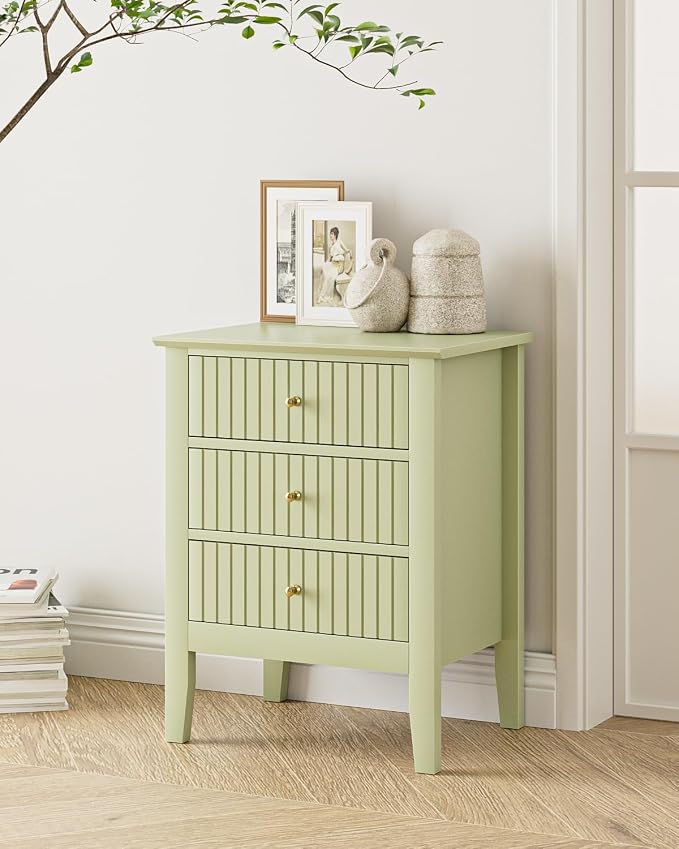 Fluted Nightstand, Farmhouse Night Stand with 3 Drawers, Mid Century Modern Side Accent Table,Bedside End Table for Bedroom, Living Room, Pale Green