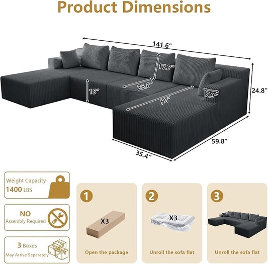 142" Oversized Cloud Modular Sectional Sofa Boneless Couches with Double Chaise Lounge and Deep Seat, Fluffy Corduroy Upholstered Compressed Lounge Sofa & Couches for Living Room