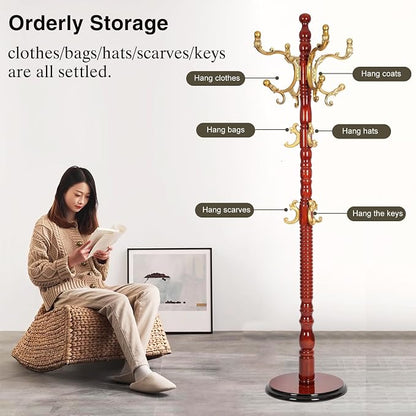 Wooden Coat Rack Freestanding, Hall Tree Hanger With Resin Hooks, Adjustable Heavy Duty Coat Rack for Hanging Clothes Bags Hats in Living Room Bedroom (coat rack, Round Base-Begonia Color)