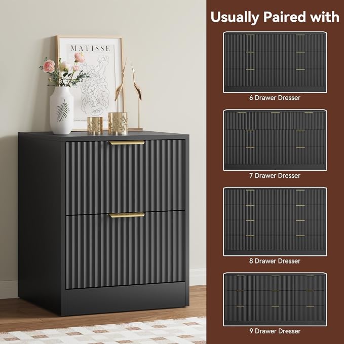 6 Drawer Dresser & Nightstand Set 3-Piece, 55” Wide Bedroom Dresser and Night Stand Set of 2 with Metal Handle, Fluted Modern Wood Chest of Drawers Storage Dressers Set for Bedroom, Black