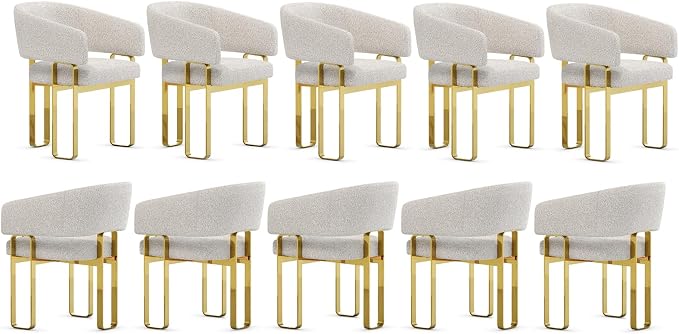 Dining Chairs, Off White Boucle Upholstered Kitchen & Dining Room Chairs with Armrest, U-Shaped Mirrored Gold Metal Legs,Set of 10