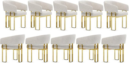 Dining Chairs, Off White Boucle Upholstered Kitchen & Dining Room Chairs with Armrest, U-Shaped Mirrored Gold Metal Legs,Set of 10