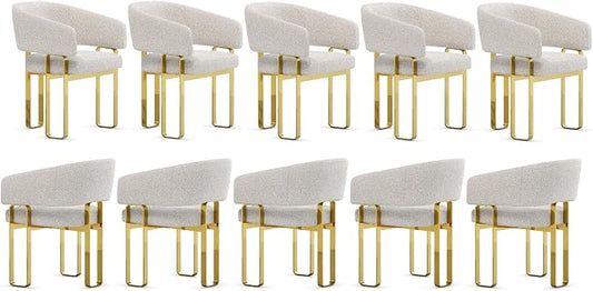 Dining Chairs, Off White Boucle Upholstered Kitchen & Dining Room Chairs with Armrest, U-Shaped Mirrored Gold Metal Legs,Set of 10