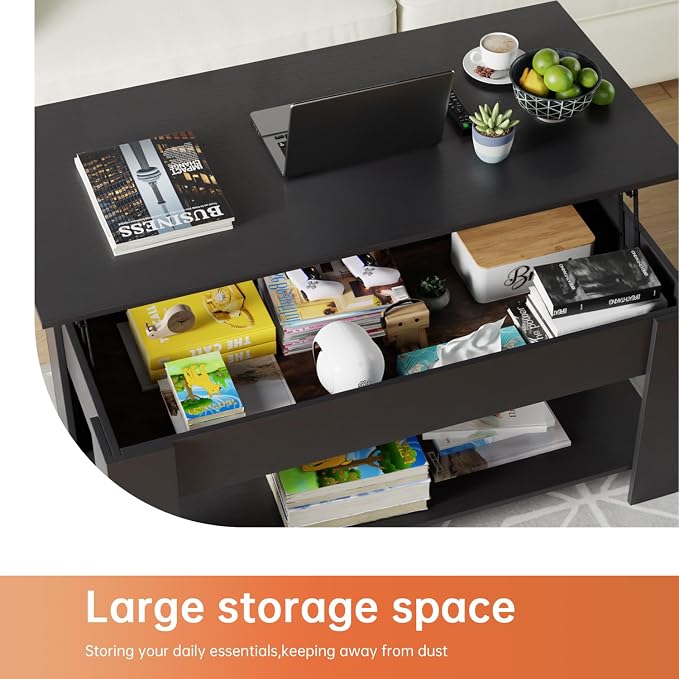 FDW 47" Lift Top Coffee Table with Hidden Large Storage Shelf and Compartment Lifted Wooden Dining Table for Living Room Home Office,Black