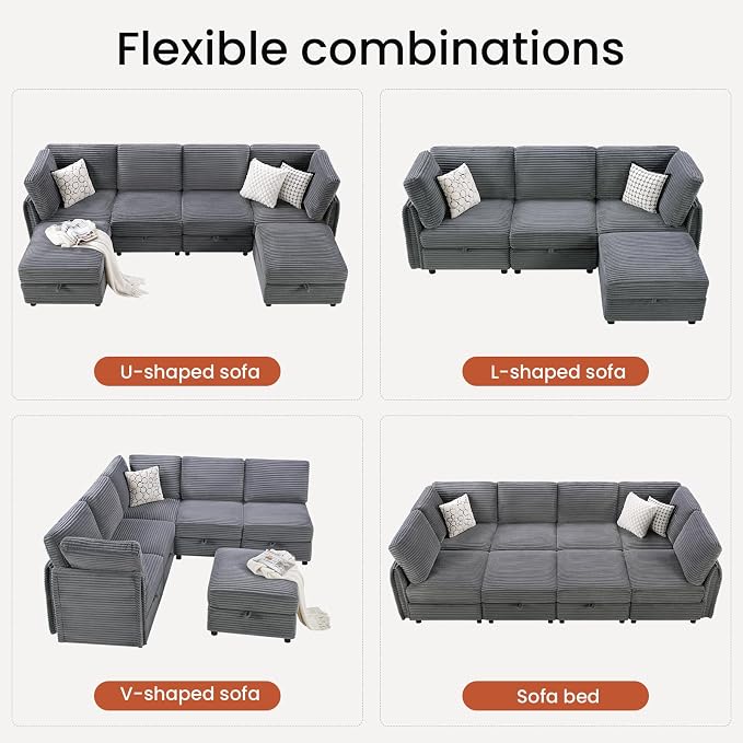 KKL Modular Sectional Sofa L-Shaped 4 Seater Couch with Storage Ottoman, Plush Wide-Wale Corduroy Couch for Living Room, Apartment, Modern Design, Gray