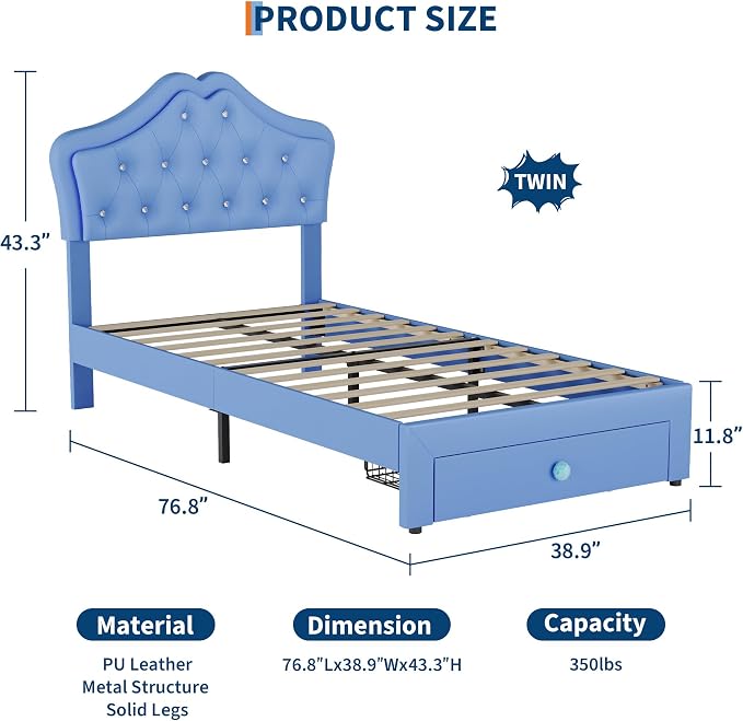 Twin Size Bed Frame for Girls with Storage Drawers & LED Lights, Upholstered Platform Bed, Velvet Crystal Button Princess Bed, Noise-Free Slats, No Box Spring Needed for Kids, Teens, Blue
