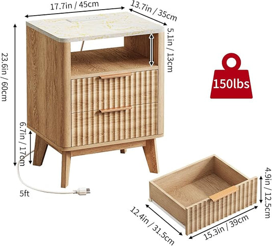 Fixwal Fluted Nightstand with Charging Station, Large Side Table with 2 Wood Drawers for Bedroom, Mid Century Modern Bedside Table, Faux Marble Top, Natural Oak, 17.7 x 13.7 x 23.6in