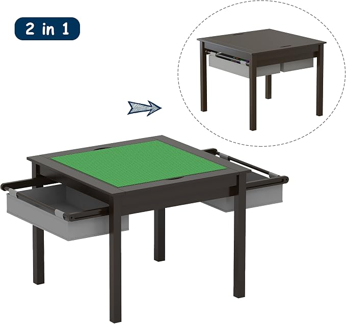 UTEX 2 in 1 Kids Construction Play Table with Storage Drawers and Built in Plate (Espresso with Grey Drwaer)