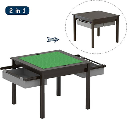 UTEX 2 in 1 Kids Construction Play Table with Storage Drawers and Built in Plate (Espresso with Grey Drwaer)