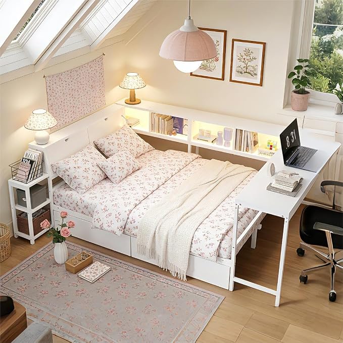 Bellemave Queen Corner Bed Frame with Storage Bookcase & 2 Drawers, Modern Metal Queen Daybed with LED Lights & Charging Station, Reversible Queen Size Corner Bed with Desk for Space-Saving, White