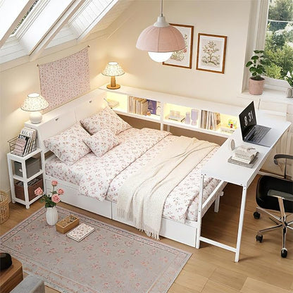Bellemave Queen Corner Bed Frame with Storage Bookcase & 2 Drawers, Modern Metal Queen Daybed with LED Lights & Charging Station, Reversible Queen Size Corner Bed with Desk for Space-Saving, White
