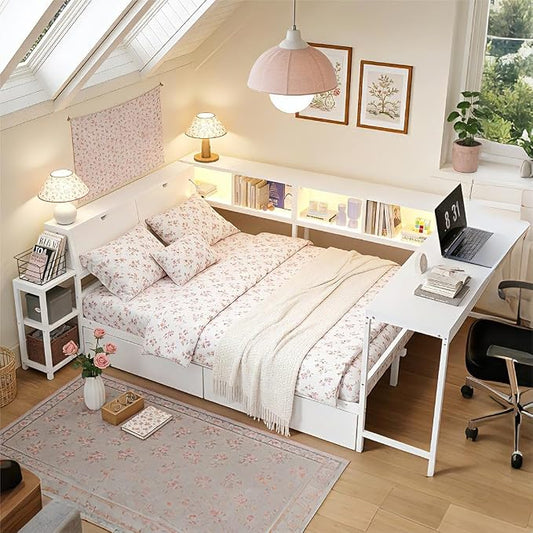 Bellemave Queen Corner Bed Frame with Storage Bookcase & 2 Drawers, Modern Metal Queen Daybed with LED Lights & Charging Station, Reversible Queen Size Corner Bed with Desk for Space-Saving, White