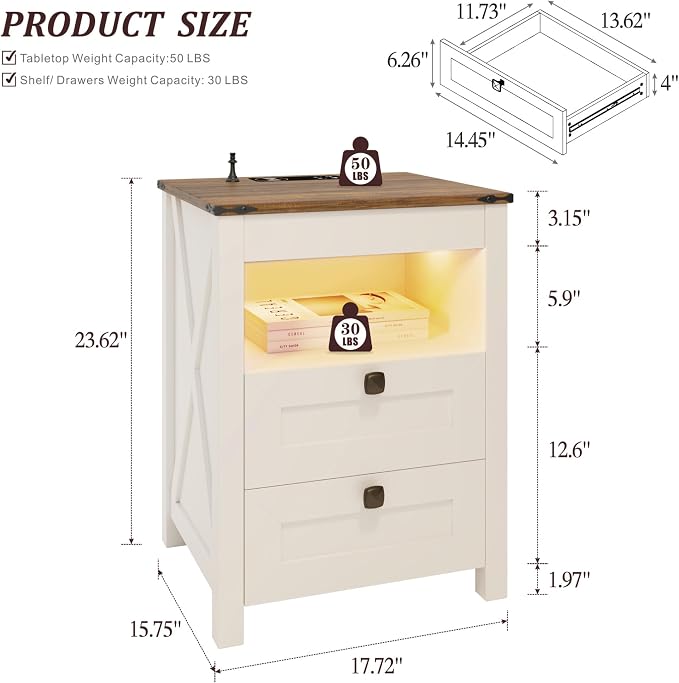 TAGELIER Farmhous Nightstand with Gun Drawer,Bedside Table with Charging Station, Gun Night Stand with LED Light & Human Sensor,Smart End Table for Bedroom, Antique White