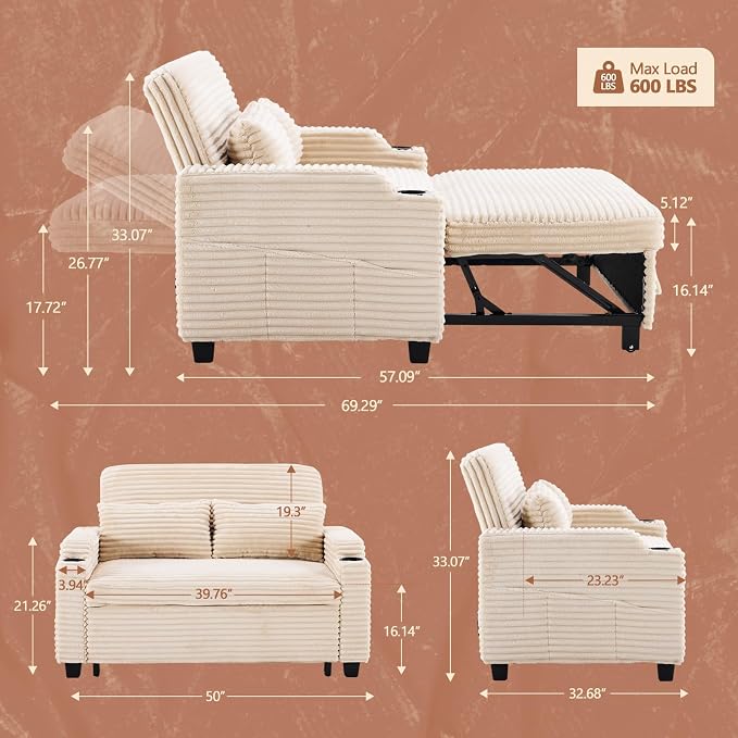 VINGLI Beige Futon Sofa Bed Convertible Loveseat Sleeper Sofa Couch, Corduroy Pullout Sofa Fold Out Couch Bed with USB Ports, Cup Holders, Armrest for Living Room, Bedroom Apartment Room