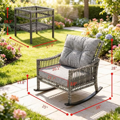 Patio Furniture Set, 3-Piece Wicker Rocking Chair & Coffee Table, Outdoor Conversation Set for Backyard, Small Patio, Porch