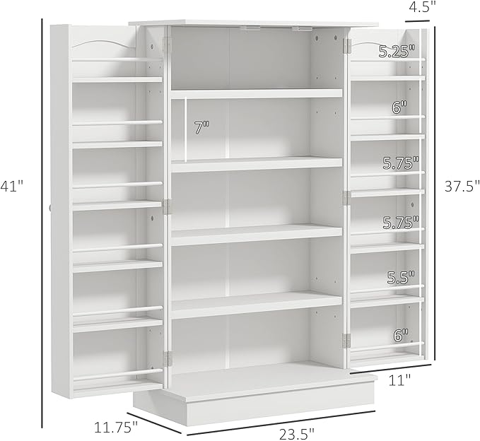HOMCOM 41" Kitchen Pantry Storage Cabinet, Freestanding Kitchen Cabinet with 12 Door Shelves, Double Doors, 5-Tier Shelving and Adjustable Shelves, White
