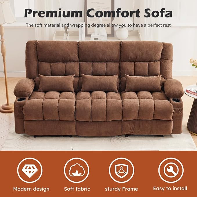 MAHOMICO Recliner Sofa with Cup Holders for Living Room 3 Seat Manual Oversized Recliner Chiar with Ergonomic, Side Pocket for Adult