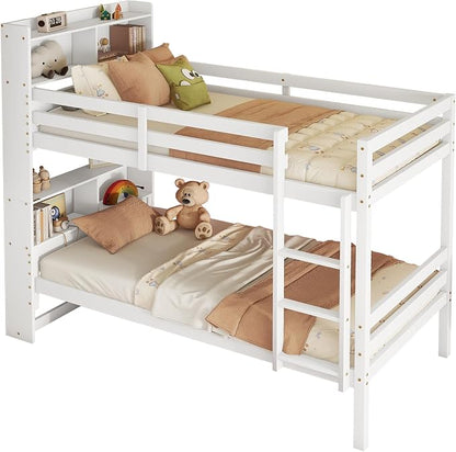 Twin Over Twin Bunk Bed with Storage Bookcase Headboard for Kids Boys Girls Teens, Rubber Wood Bunk Beds Frame with Storage Shelves, Can Be Separated into 2 Platform Beds, White