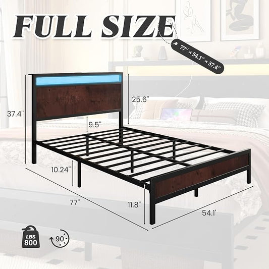 Fluest Full Bed Frame with Headboard & Footboard, Full Bed Frame with Built-in Charging Station & LED Light, Storage Shelf, Noise-Free, No Box Spring Needed, Easy Assembly, Coffee Brown