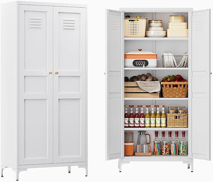 61" Tall Kitchen Pantry Storage Cabinet with 2 Doors and 4 Adjustable Shelve, Metal White Food Pantry Cabinet, Kitchen Cabinet Storage Unit,5 Tier Freestanding Cupboard for Kitchen Dining/Living Room