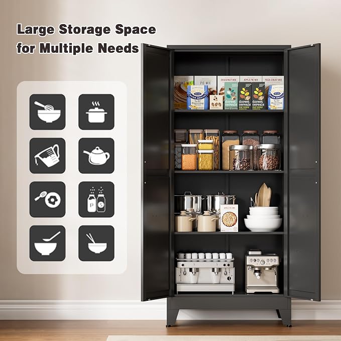 61" Tall Metal Pantry Cabinet, Kitchen Storage Cabinet with 2 Doors and 3 Adjustable Shelves for Kitchen, Living Room, Dining Room, Bathroom and Home, Office (Black, 1PC)
