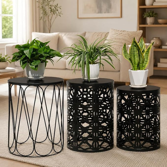 HFHOME Set of 3 Metal Outdoor Side Table, Nesting Round Coffee Table for Indoor Outdoor, Heavy Duty End Tables Plant Stand Living Room Garden Stool - Black