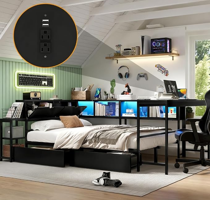 Bellemave Full Corner Bed Frame with Desk and Storage, Full Size Captains Bed with Charging Station and LED Light, Wood Daybeds with L-Shaped Bookcase and 2 Drawers, Black