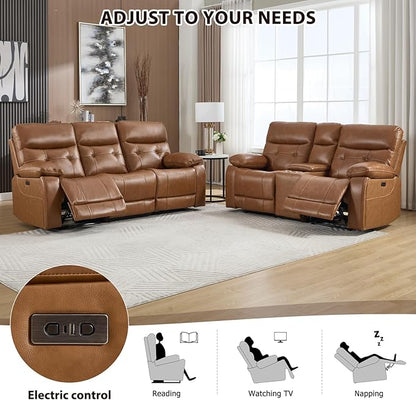 CANMOV Genuine Leather Power Reclining Sofa Set, Power Recliner Sofa and Loveseat Set, 2 Pieces Leather Couch with Storage Console, USB Ports, Cup Holders for Living Room,Brown