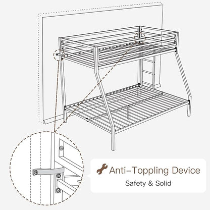 ikalido Metal Loft Bunk Bed Twin Over Full Size with Landder, Cream White | Safety Guardrail,No Box Spring Needed, Space Saving Bedroom Furniture