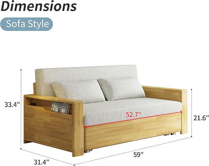 59" 3 in 1 Convertible Sleeper Sofa with Storage, Grey Soft Cushion Sectional Couch, Reversible Chaise, Solid Wood Log Color Frame Pull-Out Bed for Living Room, Apartment, Office