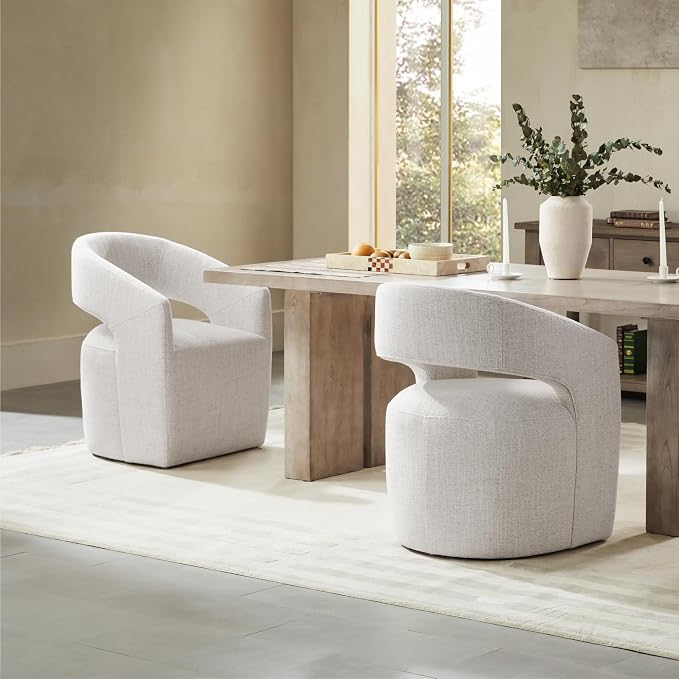 KISLOT Upholstered Dining Chairs with Casters, No Assembly Modern Barrel Armchair with Rollers for Dining Room, Bedroom, Living Room, Reading Room, Home Office, Set of 2, Beige