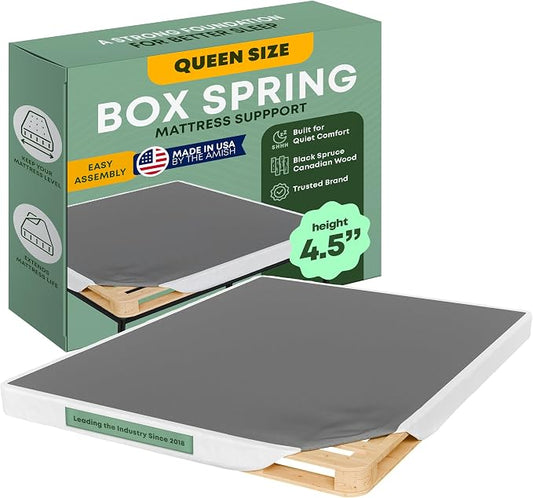 Greaton, 4.5” Queen Box Spring for Queen Bed – Amish-Made in the USA – Solid Wood Box Spring Mattress Foundation with Stable & Quiet Support – Flat-Packed & Easy Assembly – White