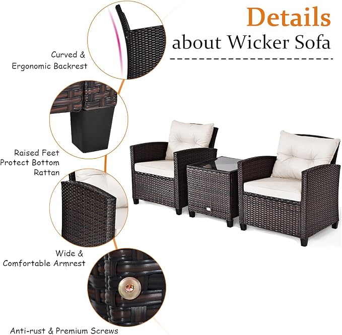 Tangkula 3 Pieces Patio Furniture Set, PE Rattan Wicker 3 Pcs Outdoor Sofa Set w/Washable Cushion and Tempered Glass Tabletop, Conversation Furniture for Garden Poolside Balcony (White)