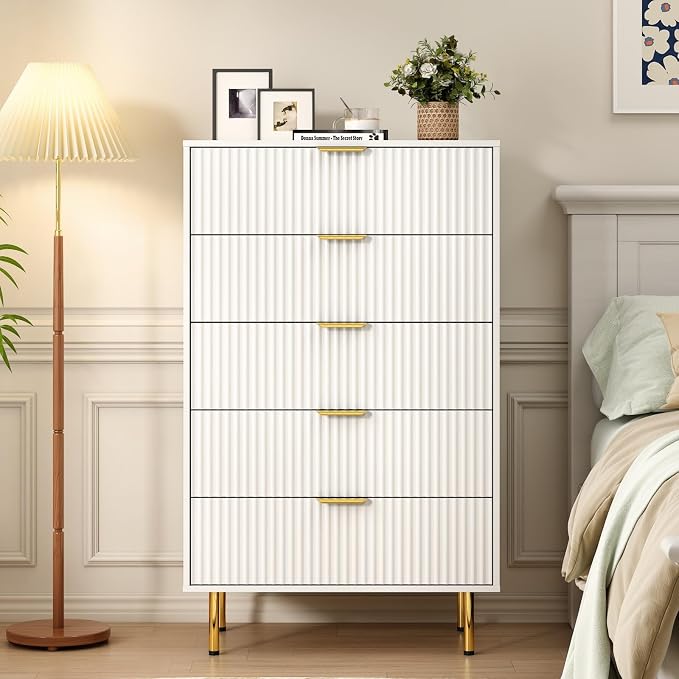 White Fluted 48" Tall Dresser for Bedroom with 5 Drawers and Gold Handle, 30 inch Wide Chest of Drawers Modern Dresser, Wooden Side Table Storage Dressers Organizer for Living Room