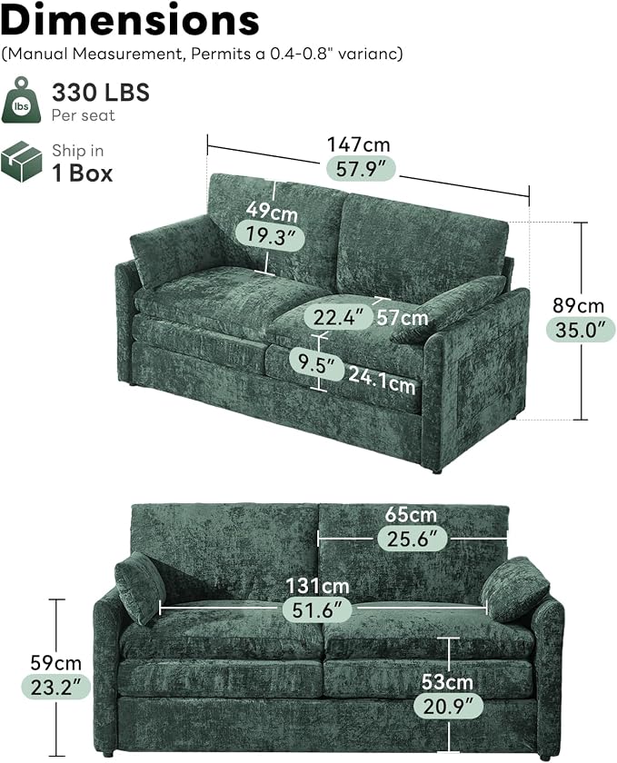 Iroomy 57" Chenille Loveseat 2 Seater, Small Love Seat Sofa, Cloud Couch Thick Cushions, Pocket Springs, Compact Couches for Apartment, Living Room, Green | 9.5" Thick Cushions