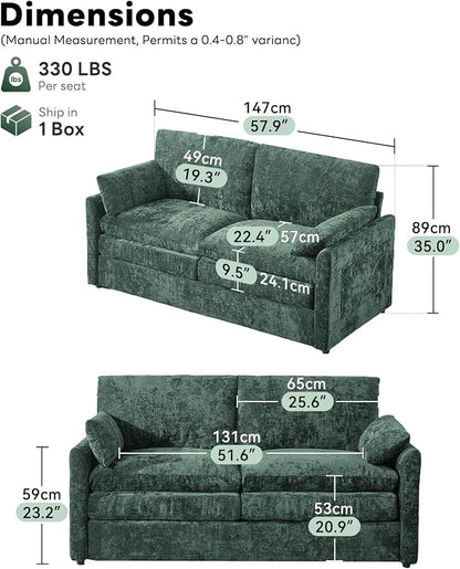Iroomy 57" Chenille Loveseat 2 Seater, Small Love Seat Sofa, Cloud Couch Thick Cushions, Pocket Springs, Compact Couches for Apartment, Living Room, Green | 9.5" Thick Cushions