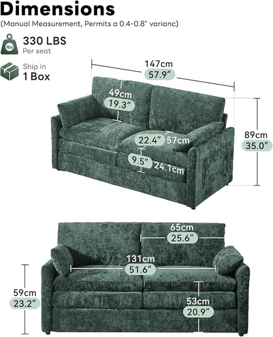 Iroomy 57" Chenille Loveseat 2 Seater, Small Love Seat Sofa, Cloud Couch Thick Cushions, Pocket Springs, Compact Couches for Apartment, Living Room, Green | 9.5" Thick Cushions