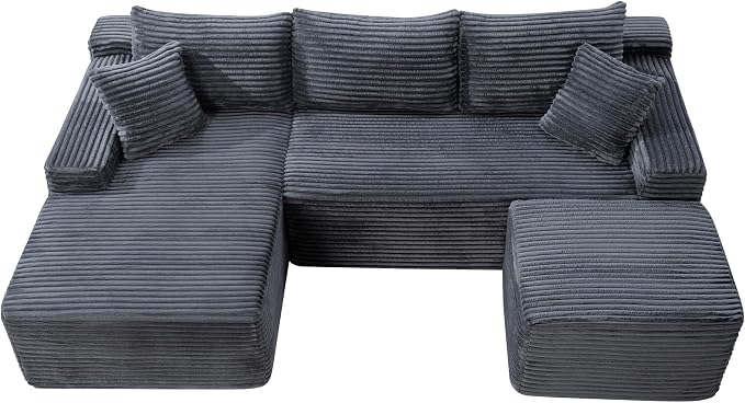 106-Inch Oversized U-Shaped Left Facing Corner Compressed Sofa Modular Boneless Cloud Sectional Sofa Floor Foam Couch W/Chaise & Ottoman, Corduroy Corner Boneless Cloud Couch