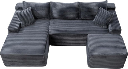 106-Inch Oversized U-Shaped Left Facing Corner Compressed Sofa Modular Boneless Cloud Sectional Sofa Floor Foam Couch W/Chaise & Ottoman, Corduroy Corner Boneless Cloud Couch