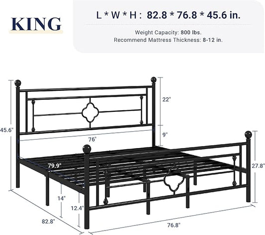 Allewie King Size Metal Platform Bed Frame with Victorian Vintage Headboard and Footboard/Mattress Foundation/Under Bed Storage/No Box Spring Needed/Noise-Free/Easy Assembly, Black