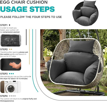 Egg Chair Cushion Replacement, Waterproof Thicken Hanging Egg Swing Chair Cushion for Outdoor Furniture, Wicker Rattan Hammock Basket Cushion with Headrest Pillow 47x31.5x4.7 inch, Grey
