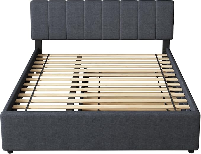 Queen Size Upholstered Platform Bed with Pull-Out Trundle Bed | Twin Size Trundle, LED Lighting Controlled by APP, USB+Type-C Charging Ports, Linen Upholstered Bed Frame,Dark Grey