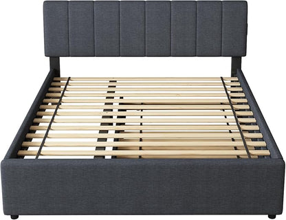 Queen Size Upholstered Platform Bed with Pull-Out Trundle Bed | Twin Size Trundle, LED Lighting Controlled by APP, USB+Type-C Charging Ports, Linen Upholstered Bed Frame,Dark Grey