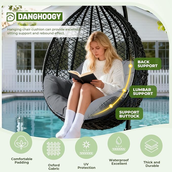 DANGHOOGY Egg Chair Cushion, Waterproof Outdoor Egg Replacement Cushions, Patio Chair Cushions for Outdoor Funiture, Thickened Hanging Chair Cushion, 35x47x7 Inches (Grey)