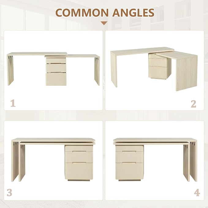 90” Modern L-Shaped Desk with 3 Drawers, 360° Wood Rotating Desk, Workstation for Home Office, Living Room, Natural Wood