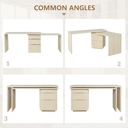 90” Modern L-Shaped Desk with 3 Drawers, 360° Wood Rotating Desk, Workstation for Home Office, Living Room, Natural Wood