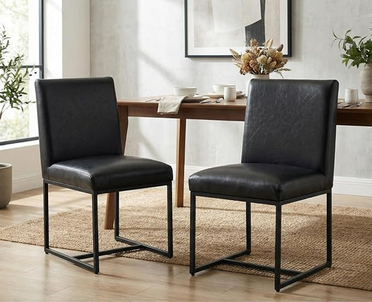 CIMOTA Black Leather Dining Chairs Set of 2, Upholstered Dining Room Chairs Armless Guest Side Chair with Black Base for Dining Room/Kitchen, 2PCS